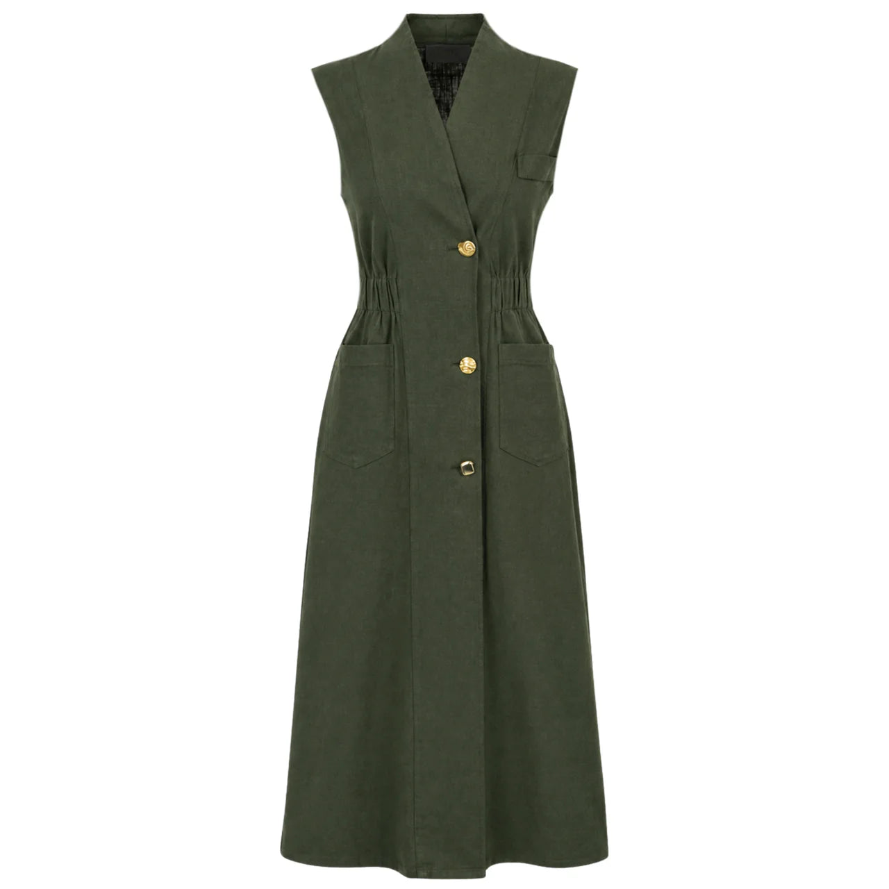 Robe Longue en Lin  – Vert Olive Élégant
