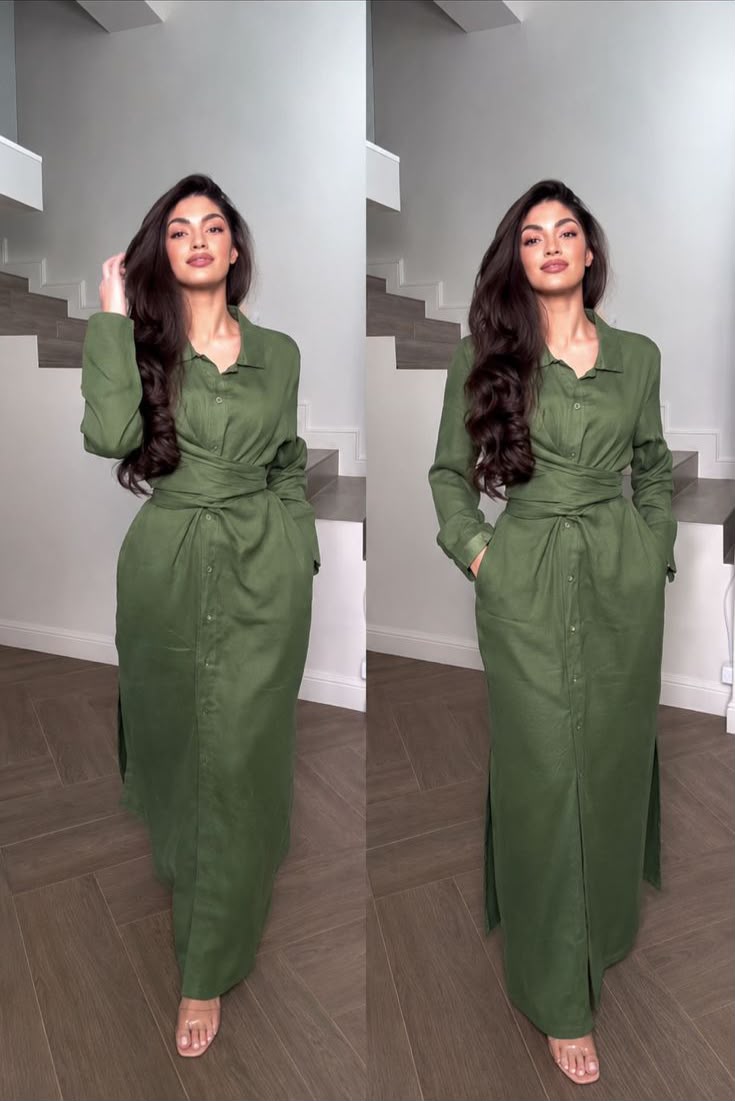 Robe Chemise Longue Kaki Élégance