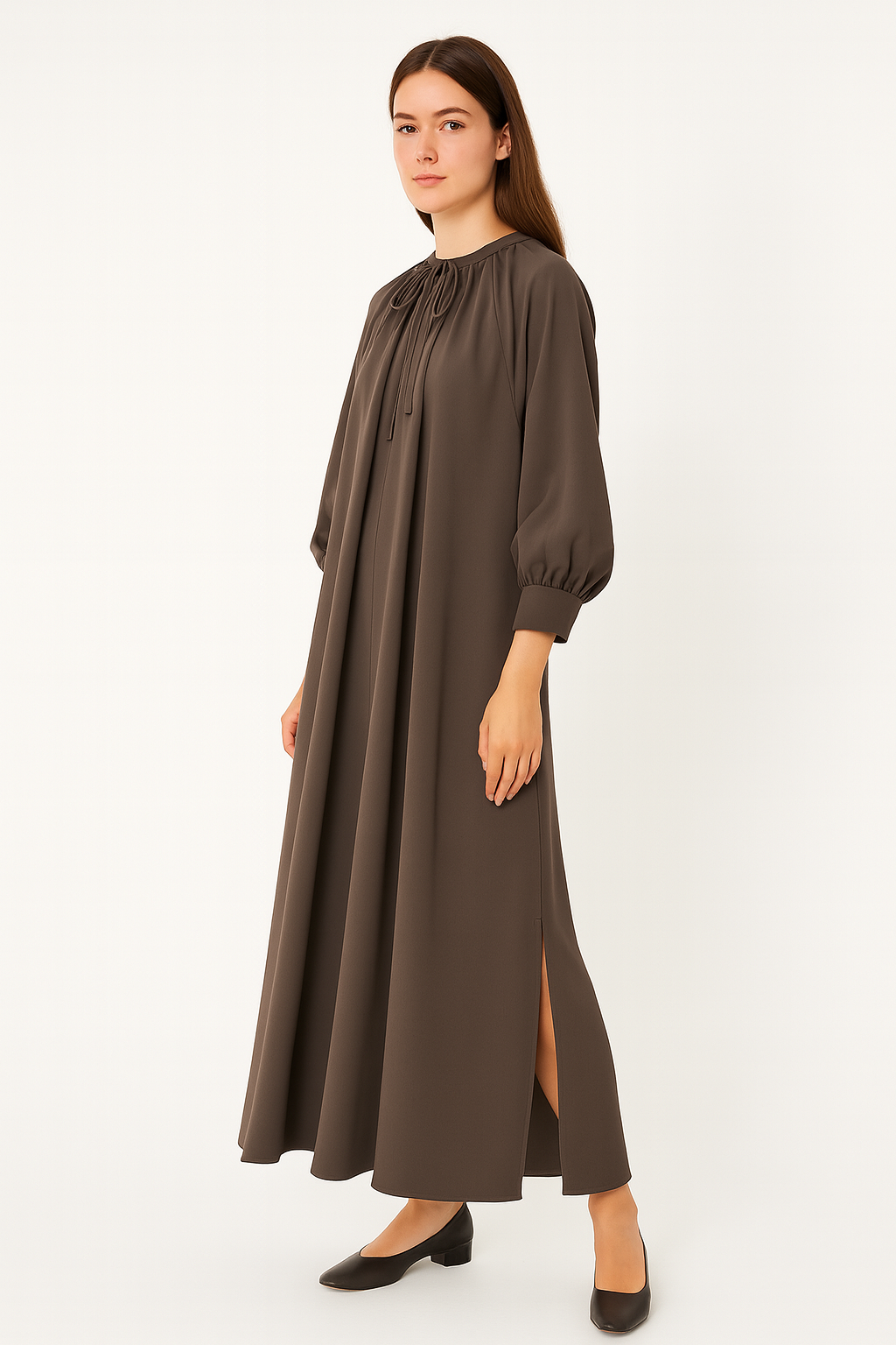 Robe Longue Élégante à Manches Bouffantes-Dark Taupe